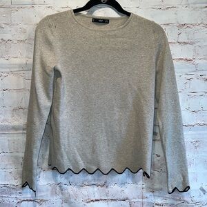 MNG Basics Shirt Womens XS Gray Black Lined Scalloped Hem Long Sleeve Crewneck